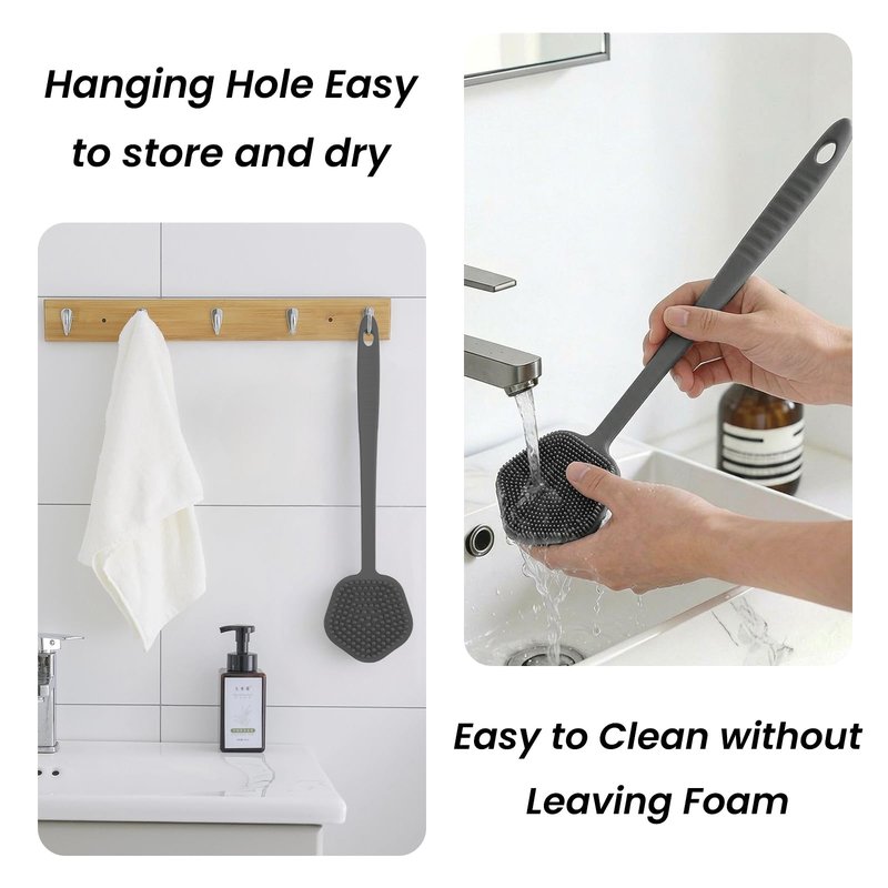 Redfly Silicone Back Scrubber for Shower Brush, 17 inch Long Handled Silicone Body Scrubber for Men & Women, Double Sided Shower Scrubber for Body Brush Exfoliator and Massage, Gray