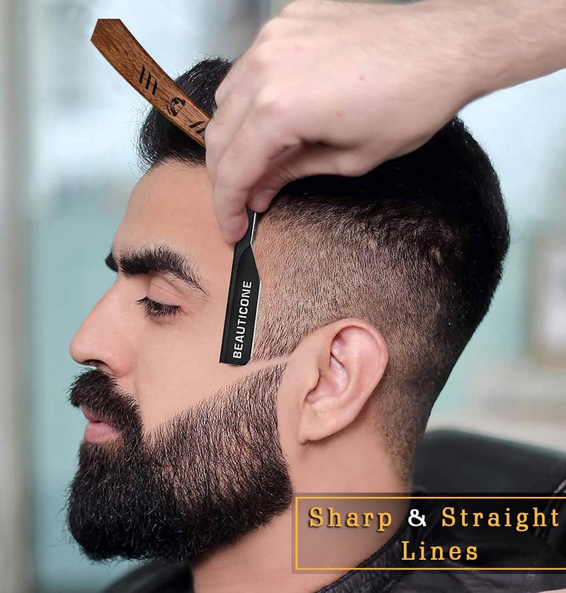 BEAUTICONE Straight Razors for Men - Professional Wood Handle Straight Edge Razor with 20 Replaceable Single Edge Blades - Stainless Steel Barber Shavette for Beard Shaving - Navajas para Barbero