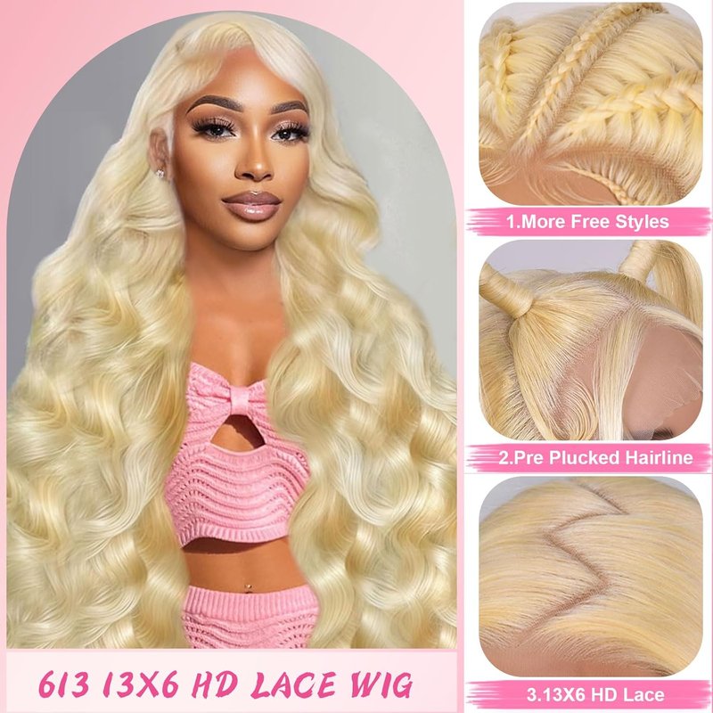 Skiennix 32-Inch 613 Lace Front Wig - 200 Density Blonde Body Wave with HD Transparent Lace | Pre-Plucked 10A Quality