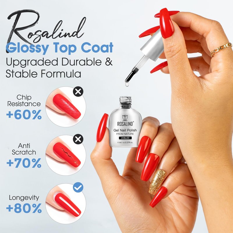ROSALIND 11ml Gel Top Coat, No Wipe Top Coat Gel Nail Polish Long-Lasting High Glossy Shiny Clear Finish,Need U V/LED Lamp for Home DIY Gift