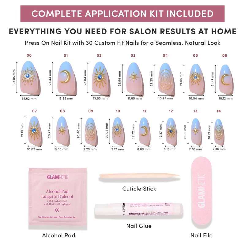 Glamnetic Press On Nails - Medium Oval Fake Nails with Blue French Tips & Celestial Gold Accents | Salon Quality | French Tip Nails | Spirited Sky | 15 Sizes - 30 Nail Kit with Glue