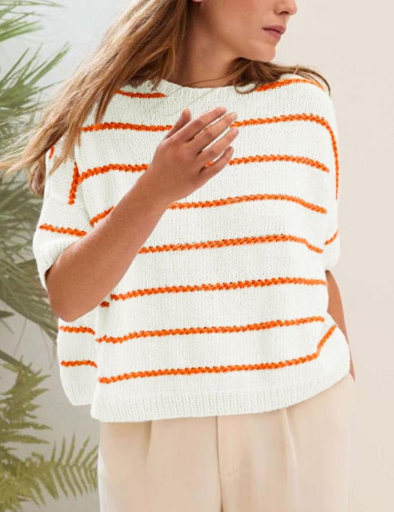 QIBABU Womens Short Sleeve Striped Sweater Top Casual Crewneck Lightweight Shirt Spring Summer Cropped Knit Tops(2242-White-XL-QB)