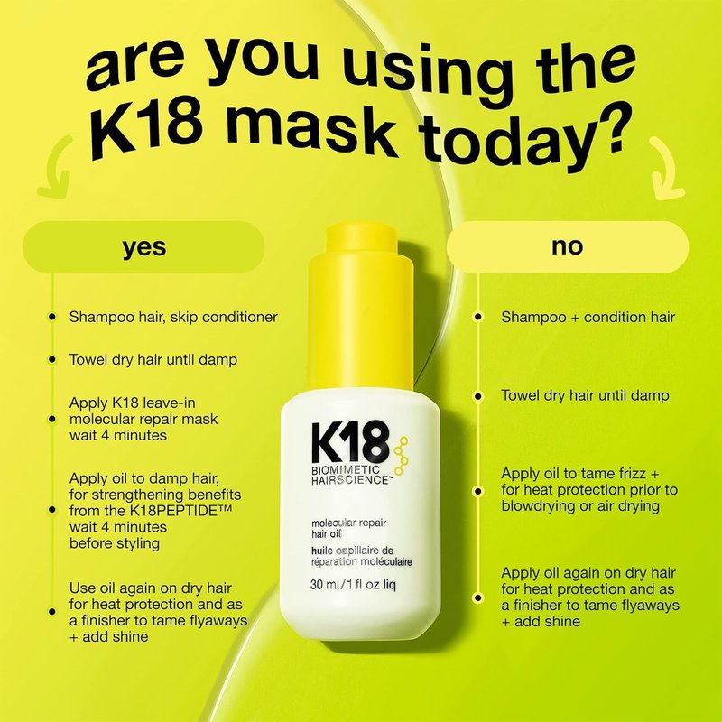 K18 Molecular Repair Hair Oil - Strengthening Peptide Damaged Hair Treatment Oil - 24-Hour Frizz Control + Heat Protectant - Helps Reduce Split Ends + Boost Shine (1 Fl oz)
