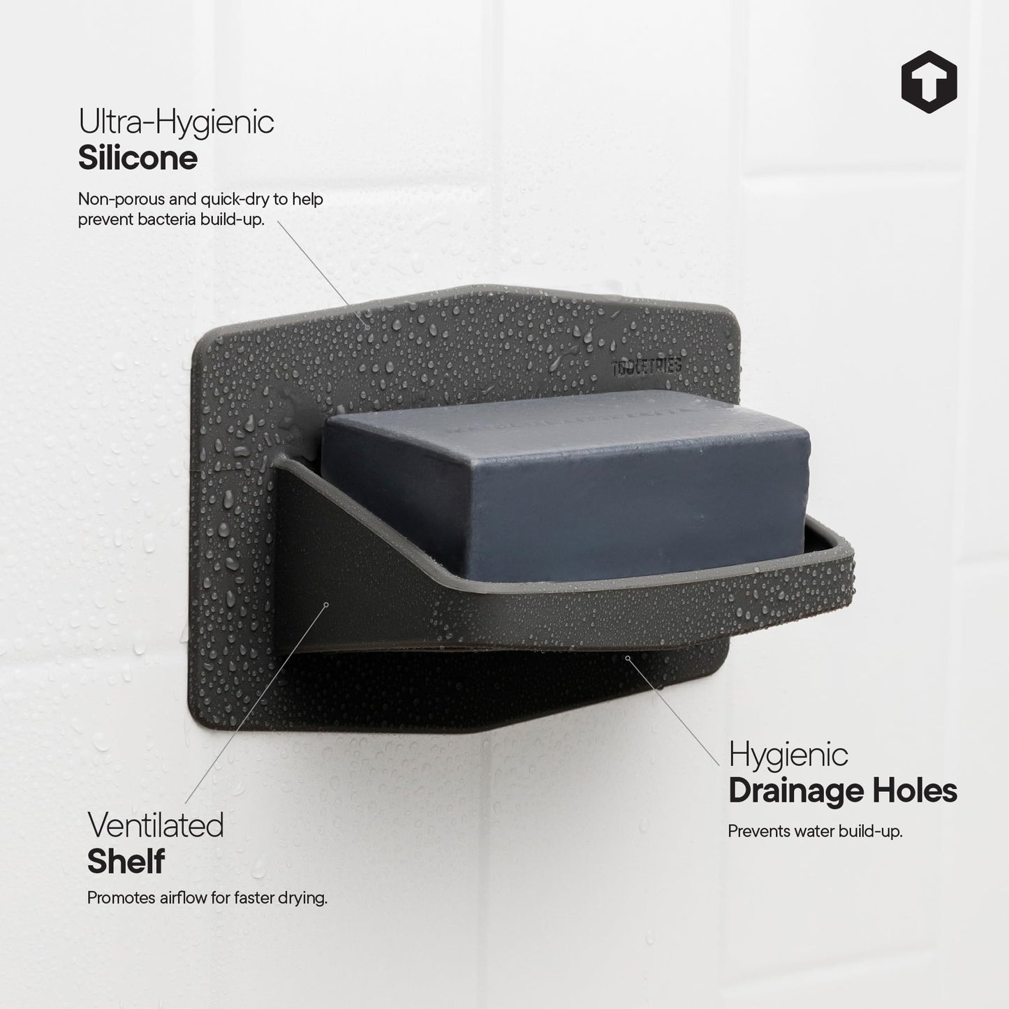 TOOLETRIES The Benjamin Soap Holder, Silicone Holder for Shower, Draining Soap Dish & Bathroom Organizer with No Residue Adhesive, Removable & Reusable - Charcoal