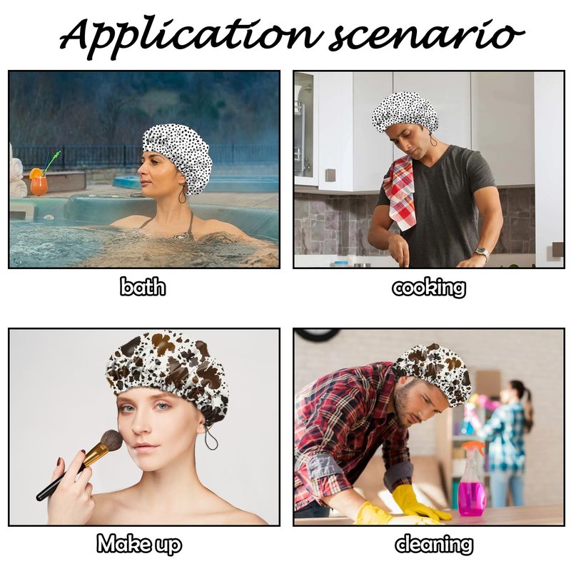 Deokke 2 PCS Shower Cap Reusable Waterproof Adjustable Double Layer Elastic Dry Hair Bathing Caps Aesthetic Cute for Women Girls-Spot Cowhide
