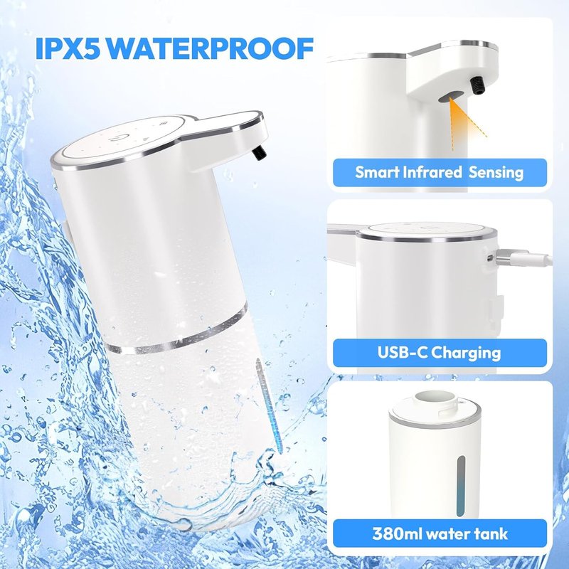 Automatic Foaming Soap Dispenser - Touchless 12.8oz Rechargeable Wall Mounted | Ideal for Bathroom & Kitchen (White)