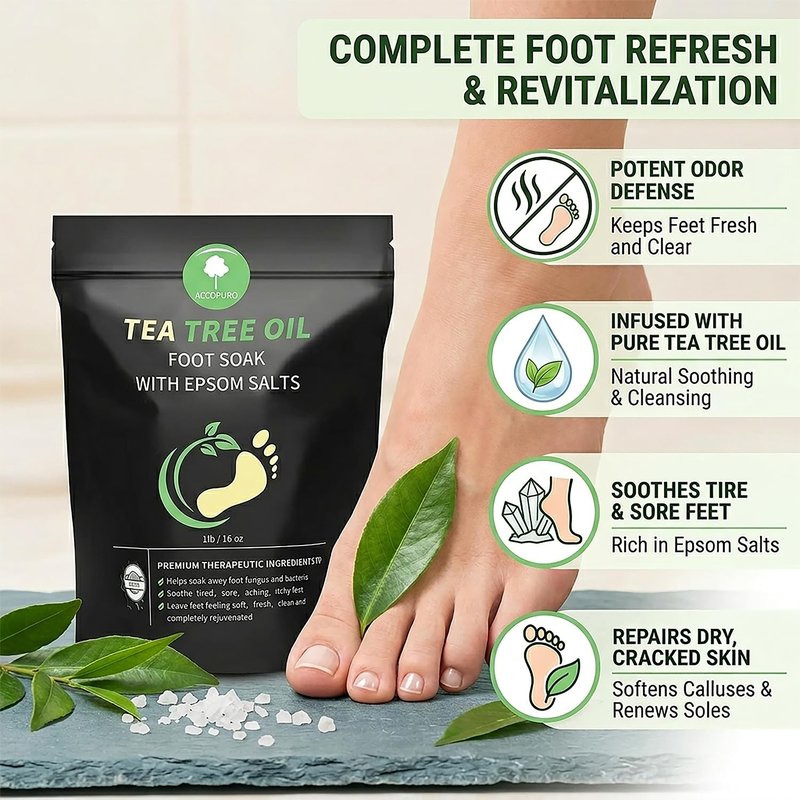 ACCOPURO Tea Tree Oil Foot Soak with Epsom Salt for Athletes Foot & Odor, 1lb - Natural Soothing Foot Bath for Dry Cracked Feet, Toenail Fungus Support, Callus & Sore Muscle Relief - 16 oz