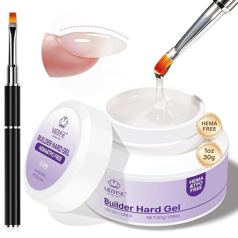 MIZHSE HEMA-Free Hard Gel for Nails - 1.06oz Clear Builder Gel | UV/LED Nail Strengthener for DIY Home Salon
