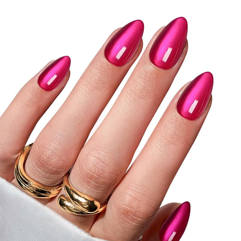 Cat Eye Press-On Nails - Short Hot Pink Almond Shape | 30 Reusable Glossy Fake Nails with Glue & Remover