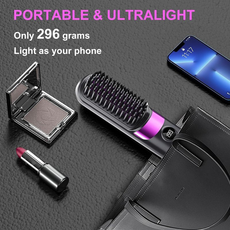 Go Brush Pro Cordless Hair Straightener Brush - Portable Rechargeable Ceramic Styling Brush with 4 Adjustable Heat Modes & LED Display, Perfect for Travel & Everyday Use (Black)