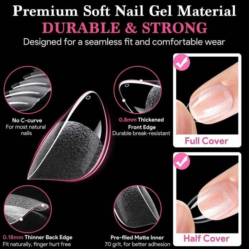 Qiek Extra Short Almond False Nail Tips, 15 Sizes 510 PCS Clear Soft Press On Fake Nail Pre-shaped Half Matte Full Cover Gel Nail Tips Extensions Thick Long Lasting for DIY Beginners & Salon Manicure