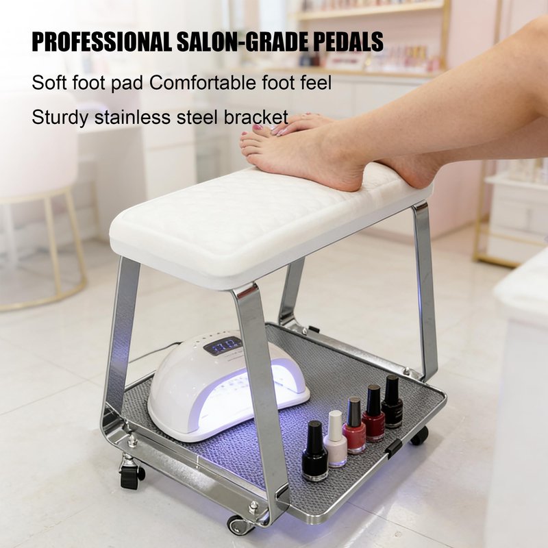 Erxewim Professional Pedicure Stool with Soft Memory Foam Cushion, Rolling Foot Rest Cart, Stainless Steel Legs, Ideal for Salon & Home Spa Use (White)