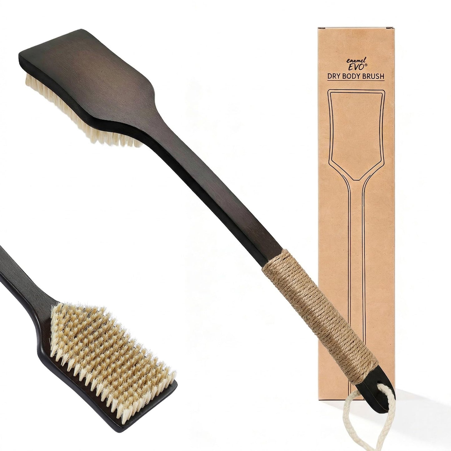 ENAMELEVO Back Scrubber Shower Brush,Dry Brushing Body Brush with 17.7 Inch Curved Long Handle, Natural Bristles for Lymphatic Drainage, Soft & Stiff Bristles Available (Natural Fiber, Stiff)