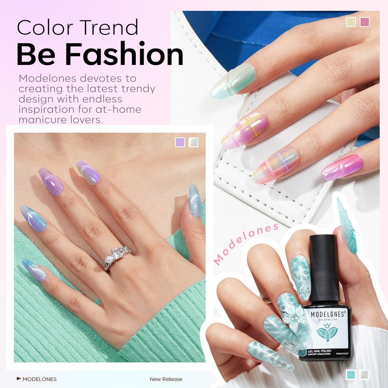 modelones Gel Nail Polish Set, 6 Colors 2026 Spring Summer Silver Cat Eye Gel Polish Translucent Pastel Sheer Pink Yellow Lavender Purple Baby Blue Mint Green Jelly Nail Polish W Magnet LED DIY Gift