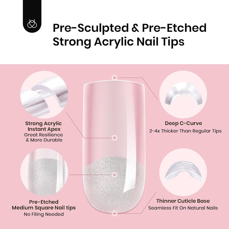 Beetles Tipex Nail Kit - 224 Pcs Square Medium Pre-Etched Fake Nails with Mini Nail Lamp & Glue