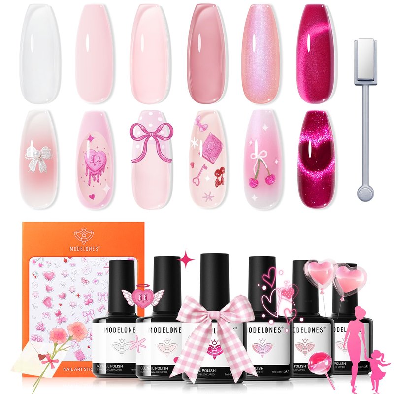 modelones Gel Nail Polish Set, 6 Colors 2026 Mothersday Pastel Nude Pink Milky White French Jelly Gel Polish Pearl Hot Pink Glitter Heart Cat Eye Nail Gel Polish LED DIY Gift with Stickers & Magnet