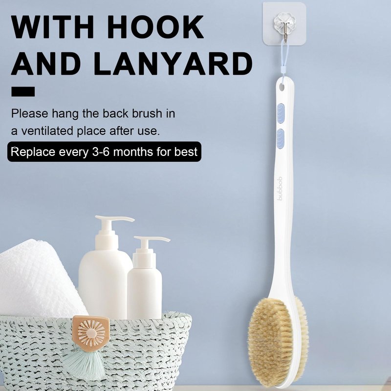 Bubbob Back Scrubber for Shower with Long Handle, Exfoliating Bath Brush for Body - Double Sided Bristles (Stiff & Soft), Anti-Slip Grip, Lightweight - Gift for Seniors, Includes Lanyard & Hook, Blue