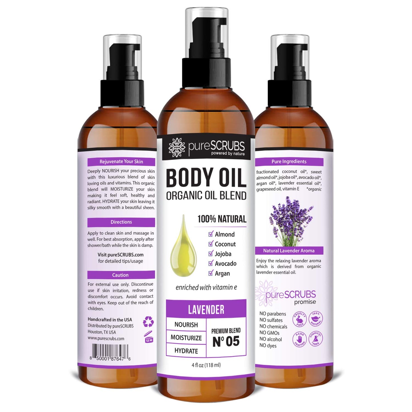 pureSCRUBS Ultra Moisturizing Lavender Body Oil for Dry Skin, Lightweight Full Body Moisturizer for Soft, Silky Skin, Massage & Cuticle Oil, Vitamin E Enriched, 4 oz