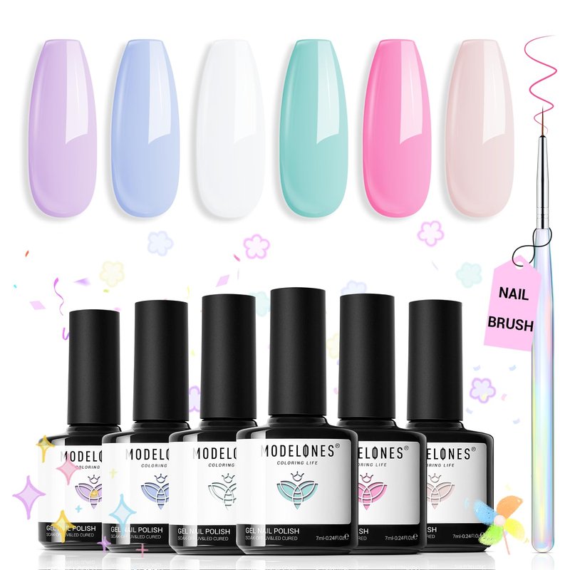 modelones Gel Nail Polish Set, 6 Colors 2026 Spring Summer Pastel Gel Polish Set with Nail Art Liner Brush Soft Pink White Light Purple Blue Green Nude Painting Nail Polish Kit Mothersday DIY Gift