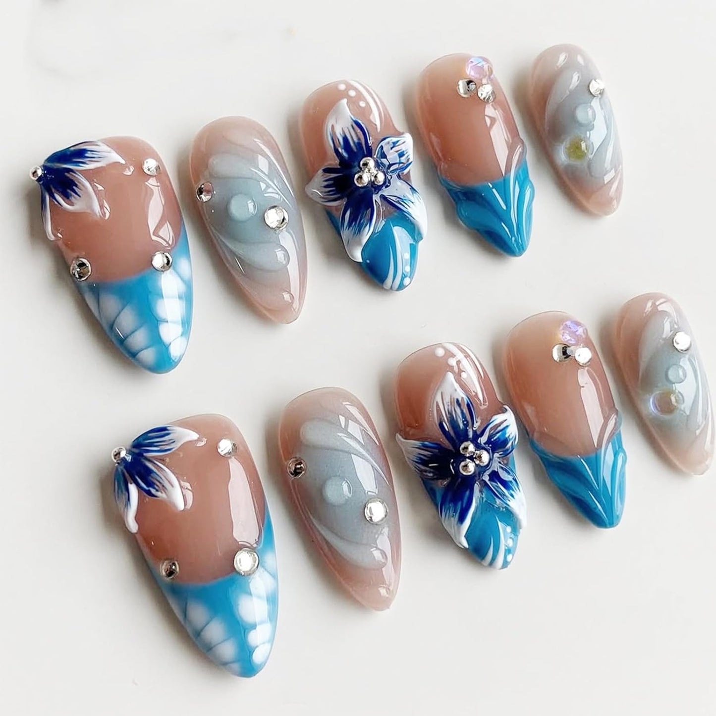 Skiennix Press-On Nails - 30 Pcs Summer Blue Flower Design with Rhinestones | Medium Almond Shape, Glossy Finish