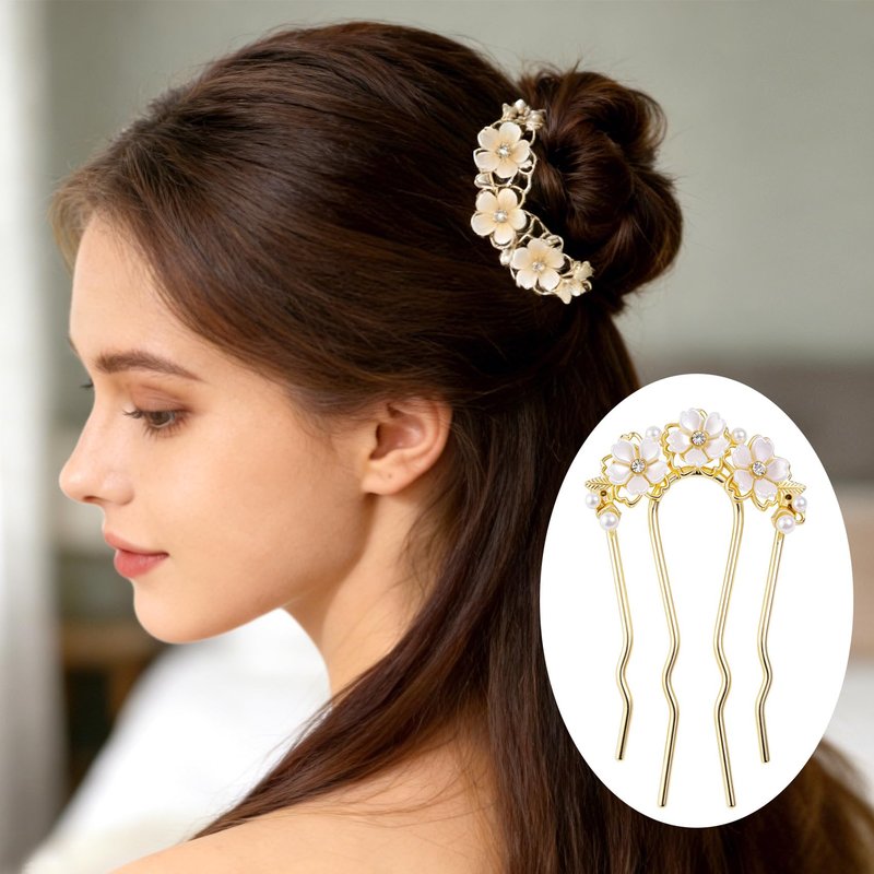 Hzopcw Pearl Flower Hair Pins with 4 Teeth, U-Shaped Bridal Flower Bun Maker Hair Pin Clips, Hairpin Floral Clips Accessories for Wedding Party Updo- White