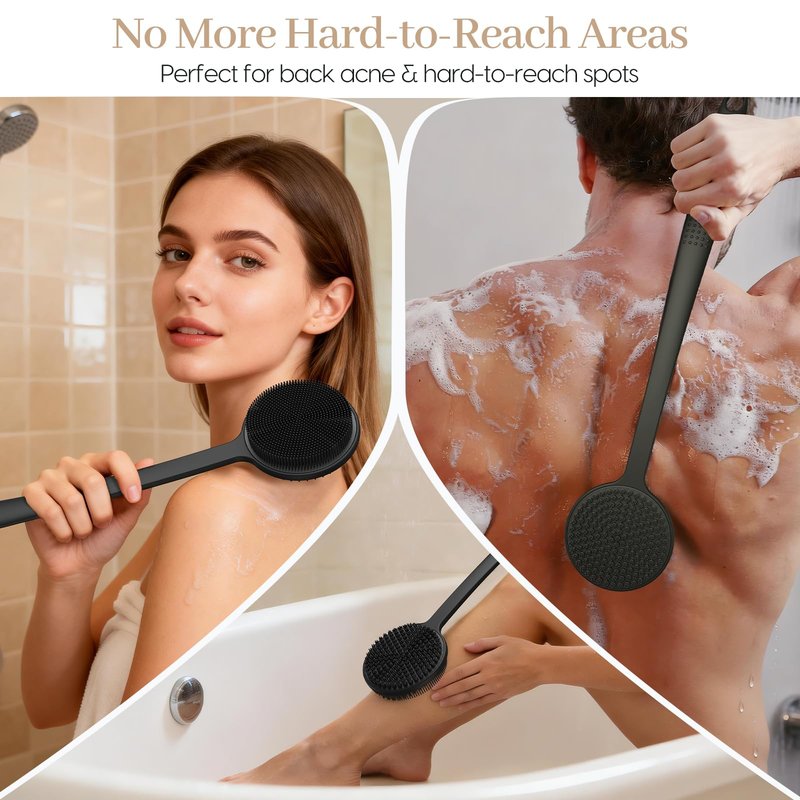 Back Scrubber for Shower & Face Scrubber, 2Pcs Silicone Exfoliating Brush Set with 17In Long Handle, Soft Body & Facial Cleansing Scrubber for Men Women