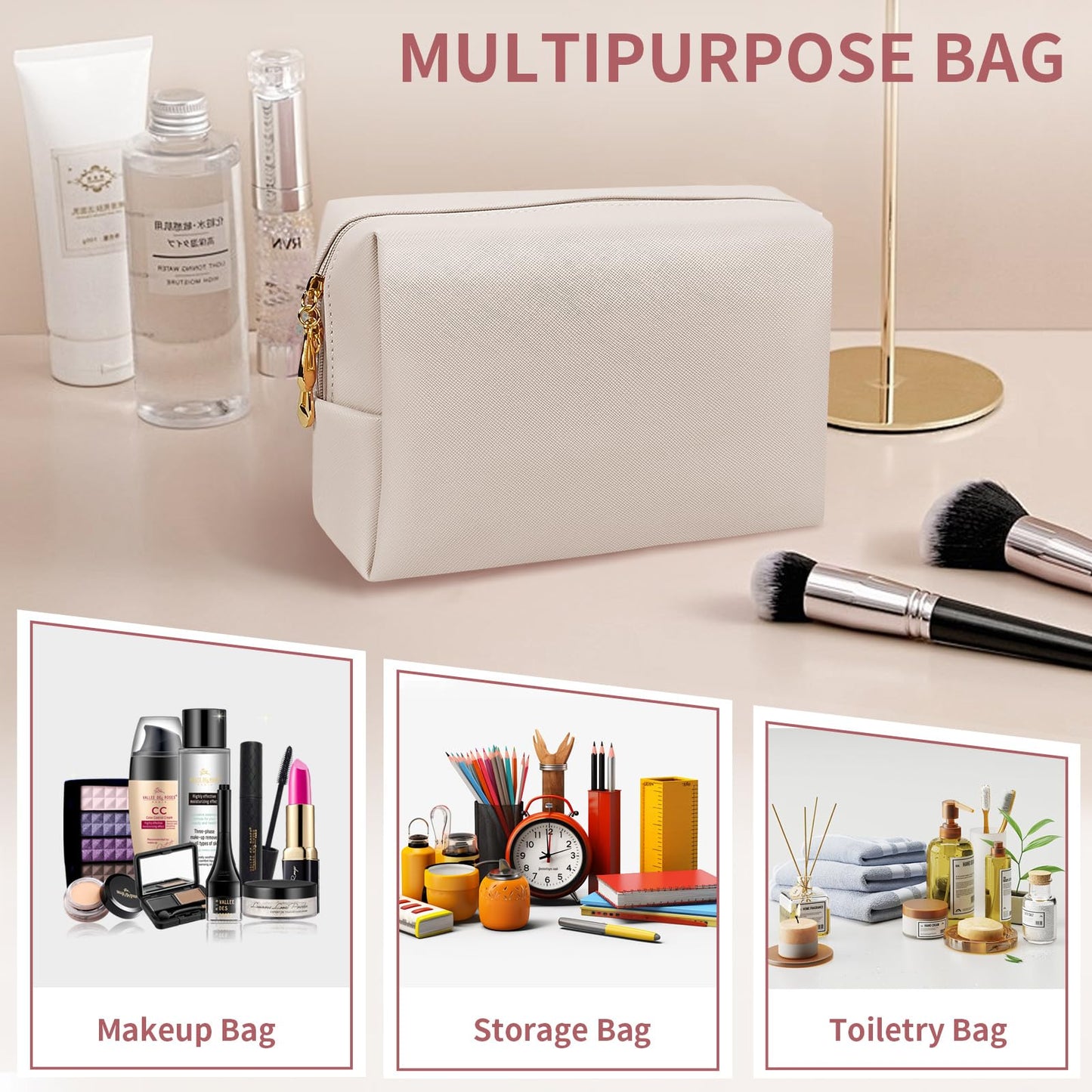 SMONT Makeup Bag for Women, PU Leather Cosmetic Pouch Skincare Make Up Beauty Bag Waterproof Beige
