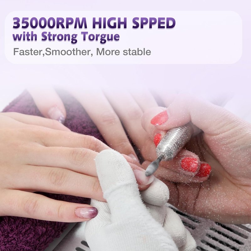 Professional Nail Drill Machine, HoMove 35000RPM Portable Nail Drills, Rechargeable Efile Nails Drill, Low Heat Electric Nail File for Acrylic Gel Nails（Violet）