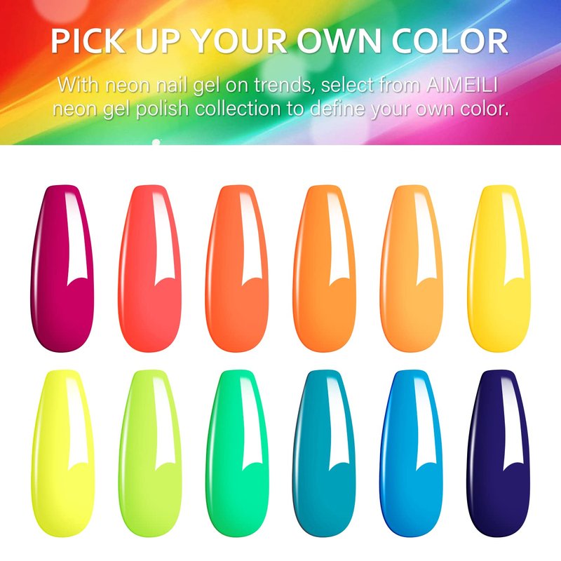 AIMEILI Neon Gel Nail Polish Set, Hema Free, Cruelty Free, Vegan, Summer Nails Orange Hot Pink Blue Yellow Green Purple Gel 12 Colors Kit Set 23