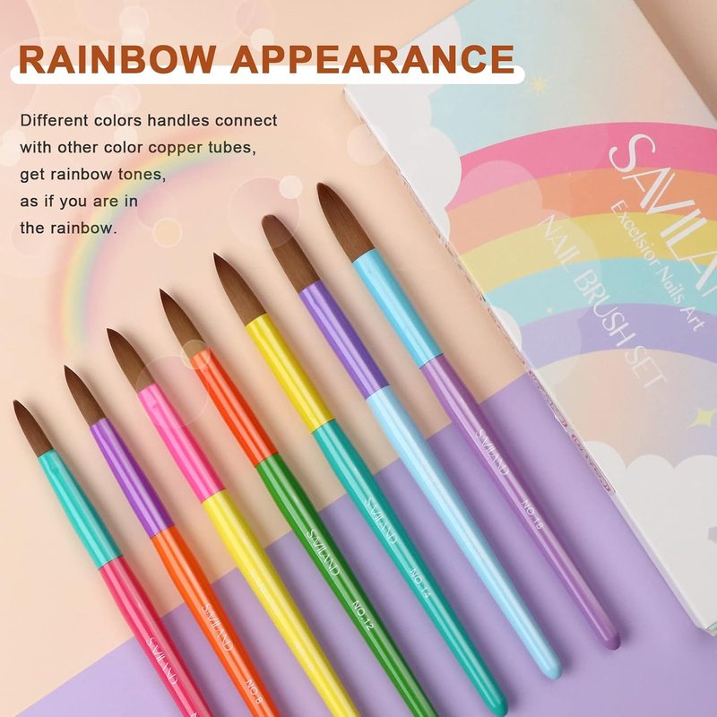 Acrylic Nail Brush Set - 7PCS Rainbow Wooden Handle Brushes for Acrylic Application | Sizes 6-18