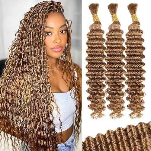 12A #27 Honey Blonde Human Braiding Hair for Boho Braids 3 Bundles 24 Inch 100g Deep Wave Braiding Hair for Bohemian Knotless Braids 100% Unprocessed Virgin Bulk Hair Extensions No Weft