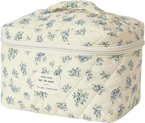 uekeboag Large Travel Quilted Makeup Bag for Women, Floral Cotton Cosmetic Bag, Coquette Aesthetic Floral Toiletry Organizer Bag