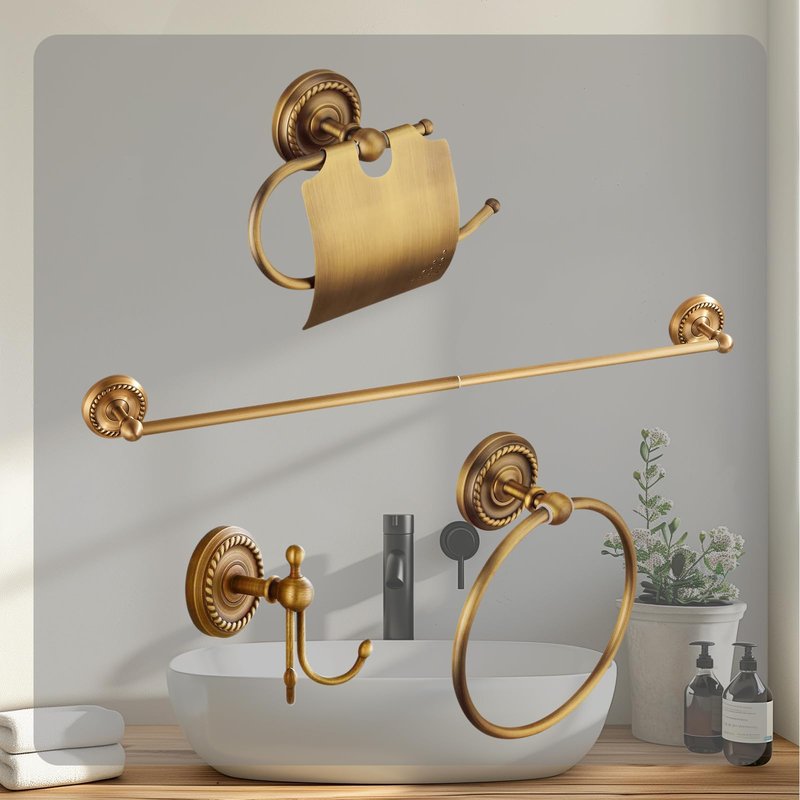 Antique Brass Bathroom Accessories Setret ractable Wall-Mounted Towel Rack & Towel Ring & Toilet Paper Holder & Robe Hook, 4-Piece Vintage Bath Hardware Fixture Set