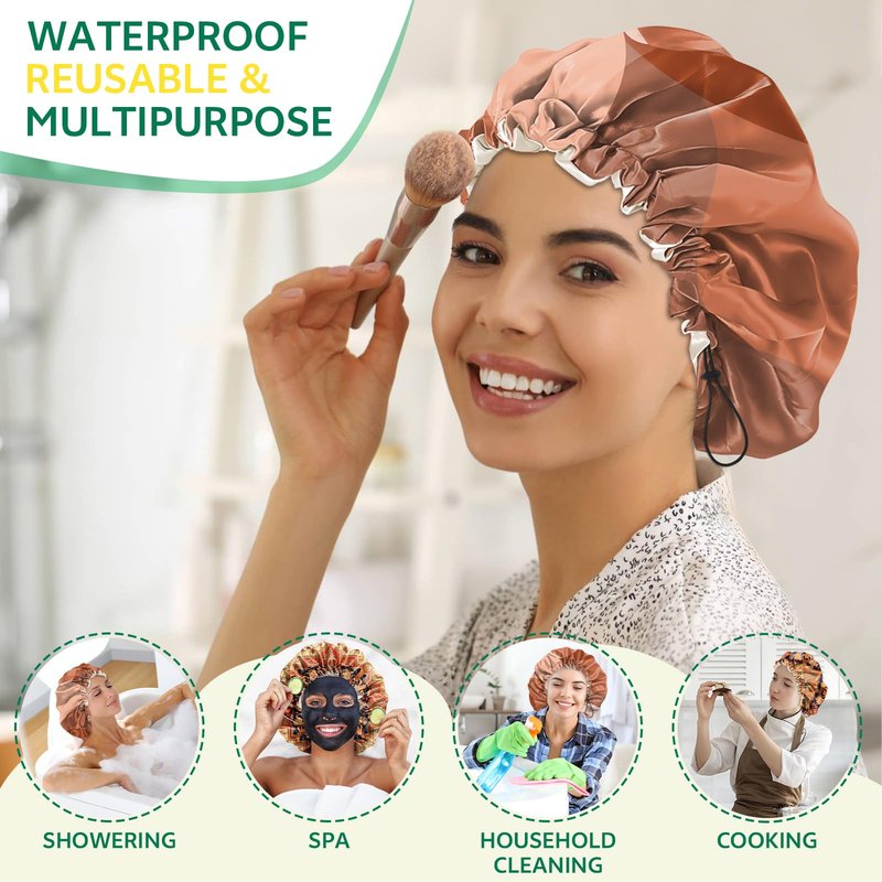 BHAHB 2 PCS Shower Cap Waterproof Double Layer Elastic Adjustable Reusable Hair Bath Caps for Girls Women Cute Aesthetic-Red