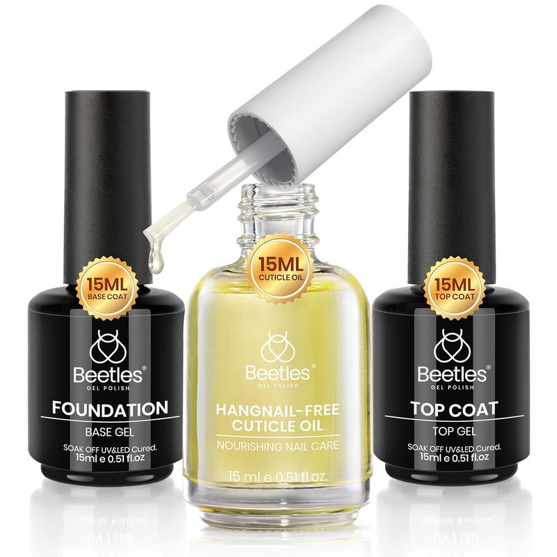 Beetles Gel Top Coat & Base Coat Set | 3Pcs 15ml Cuticle Oil for Dry, Damaged Cuticles - Glossy Shine & Long-Lasting Care