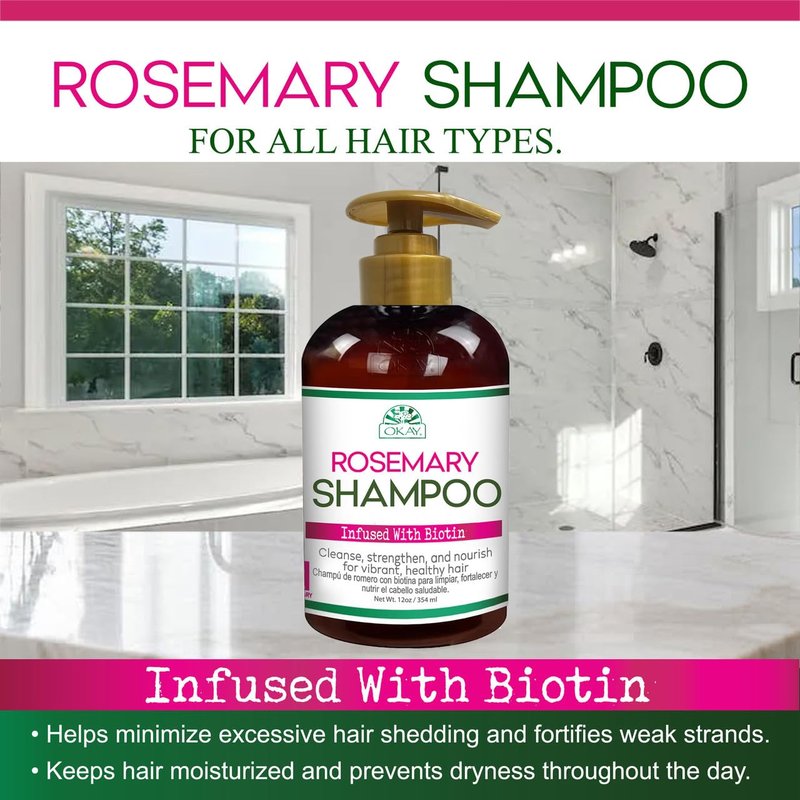 OKAY Rosemary Shampoo with Biotin 12oz – Hair Growth & Strengthening Shampoo, Cleanses Scalp, Reduces Breakage, Moisturizes & Adds Shine, Sulfate Paraben Free for All Hair Types