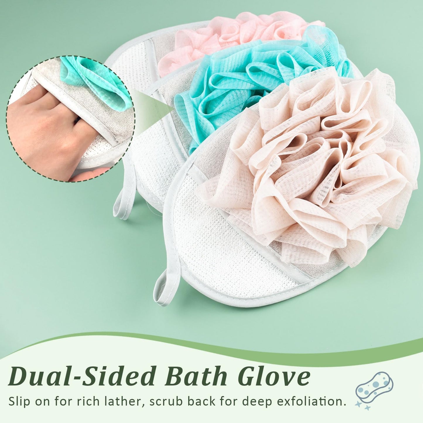3PCS Mesh Bath Sponge Gloves with Flower Pouf Balls – Exfoliating Shower Brushes for Gentle Body Scrub & Deep Cleansing