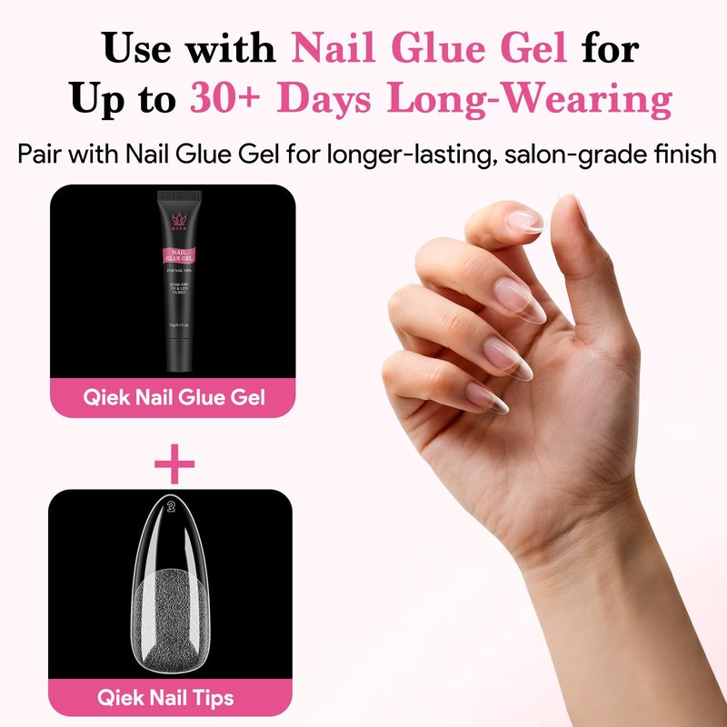 Qiek Medium Almond Fake Nail Tips, 15 Sizes 240 PCS Clear Half Matte Press On False Nail Tips Pre-shaped Full Cover Gel Nail Acrylic Soft Tips Extensions Thick Long Lasting for Home DIY Nail Salon