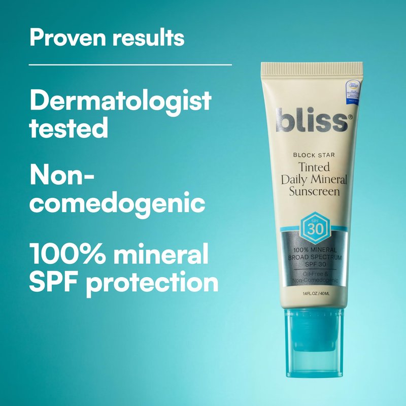 Bliss Block Star SPF 30 Daily Tinted Mineral Sunscreen with Zinc Oxide - All Skin Tones - 100% Mineral Broad Spectrum Sunscreen with Titanium Dioxide & Antioxidant Blend- 1.4 fl oz.