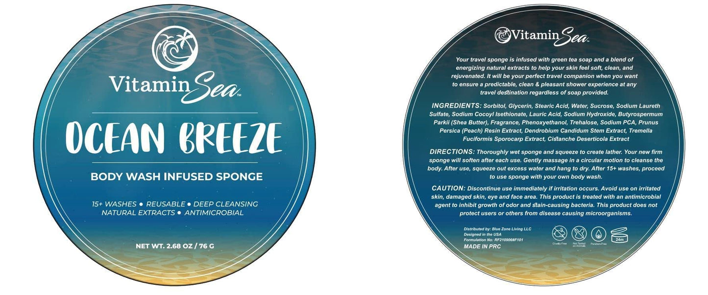 Travel Size Body Wash Women Shower Sponges (2 Pack) | 30 + Washes Travel Loofah with Case | Travel Body Wash Women Shower Sponge Soap w/Natural Extracts | Travel Soap Sponge Body Wash (Ocean Breeze)