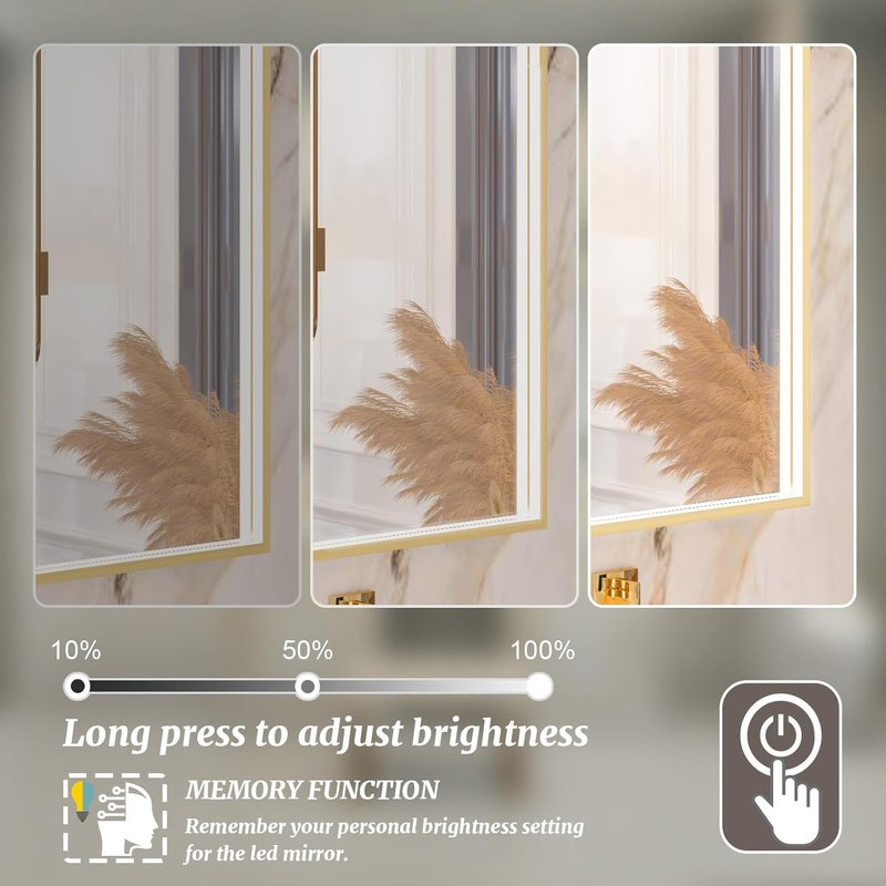 Gold Metal Framed LED Bathroom Mirror by [Brand Name] - 55x32 Inch Lighted Vanity Mirror with Anti-Fog & Dimmable Features