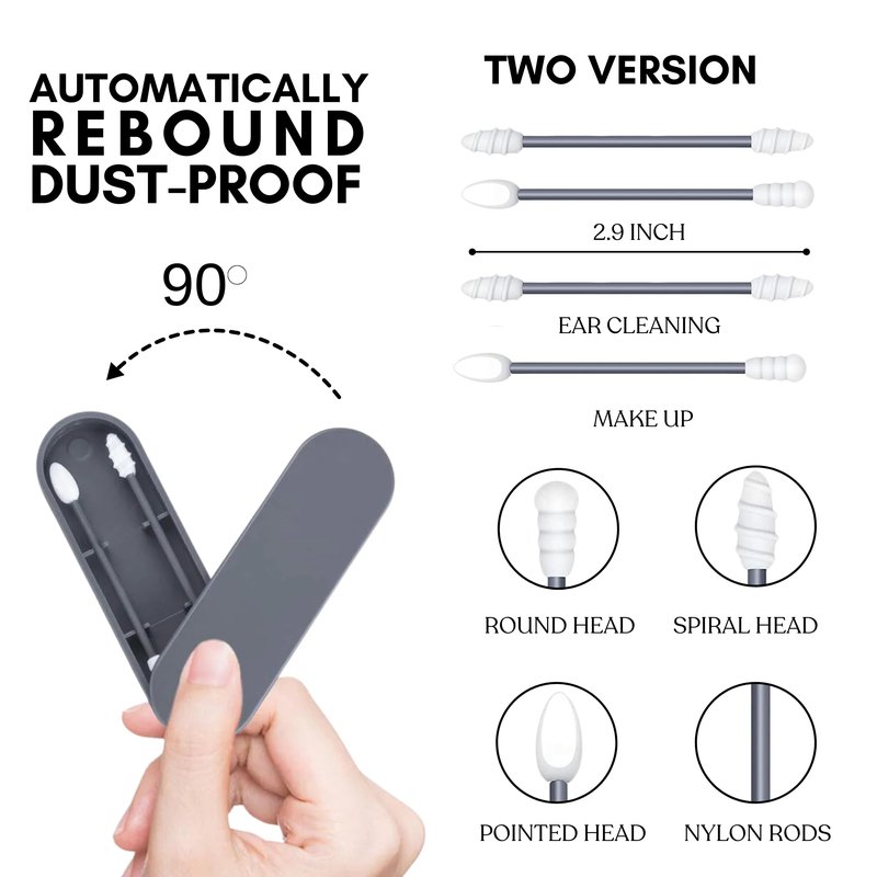 Portable and Reusable: Double-Tipped Silicone Swabs – for Cleanable Ear Care, Makeup, and Travel Essentials (Grey)