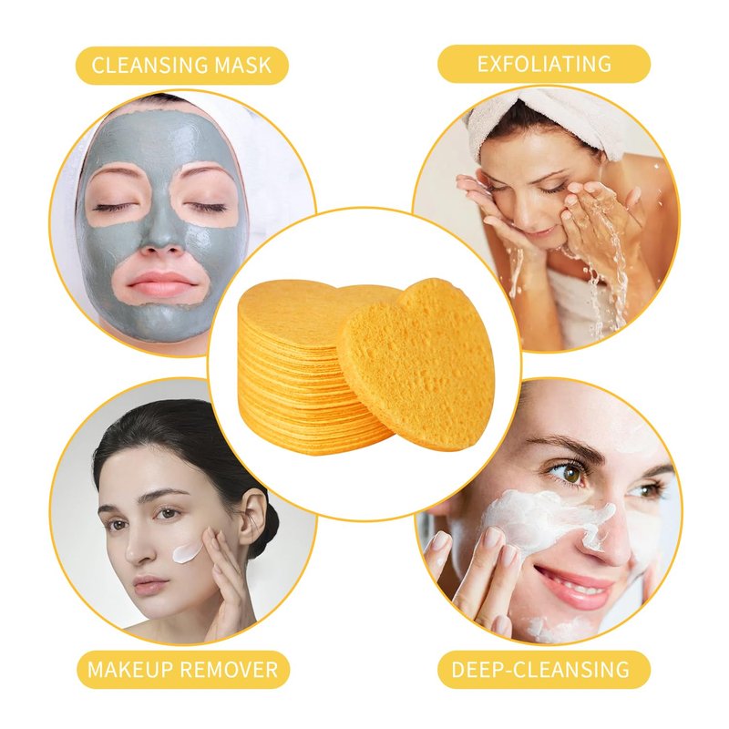 20 Count Heart Shape Compressed Facial Sponges with Case for Travel, 100% Natural Cellulose Facial Cleansing Sponges Pads Exfoliating Sponges for Cleansing, Pore Exfoliating,Makeup Removal (Yellow)
