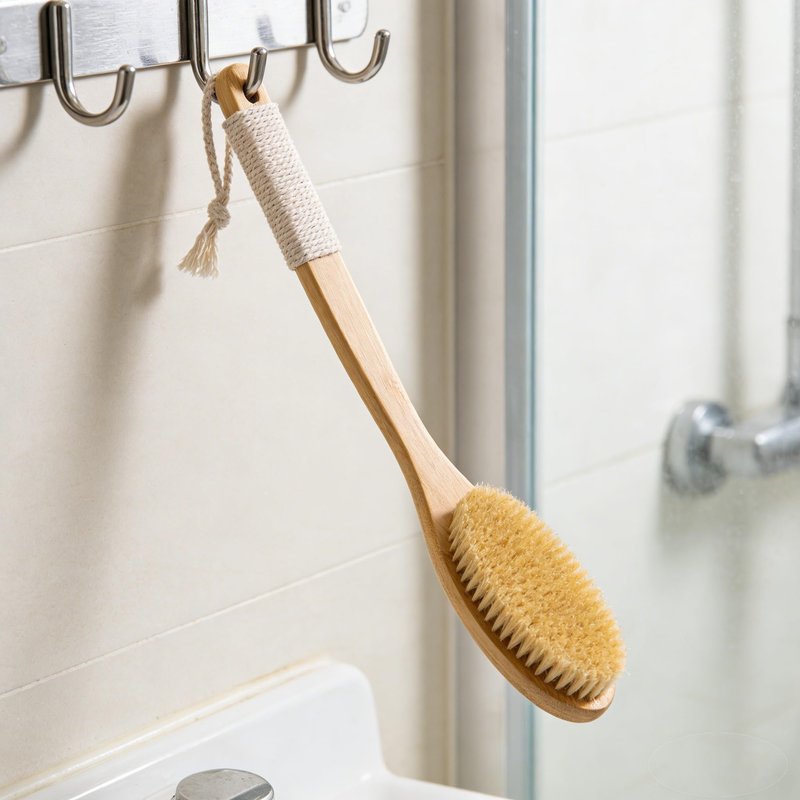 Bamboo Back Scrubber with 16.7 Inch Curved Long Handle Exfoliating Back Scrub Skin Deep Cleansing with Natural Bristles for Men and Women Bath Back Exfoliator Body Dry Brushing