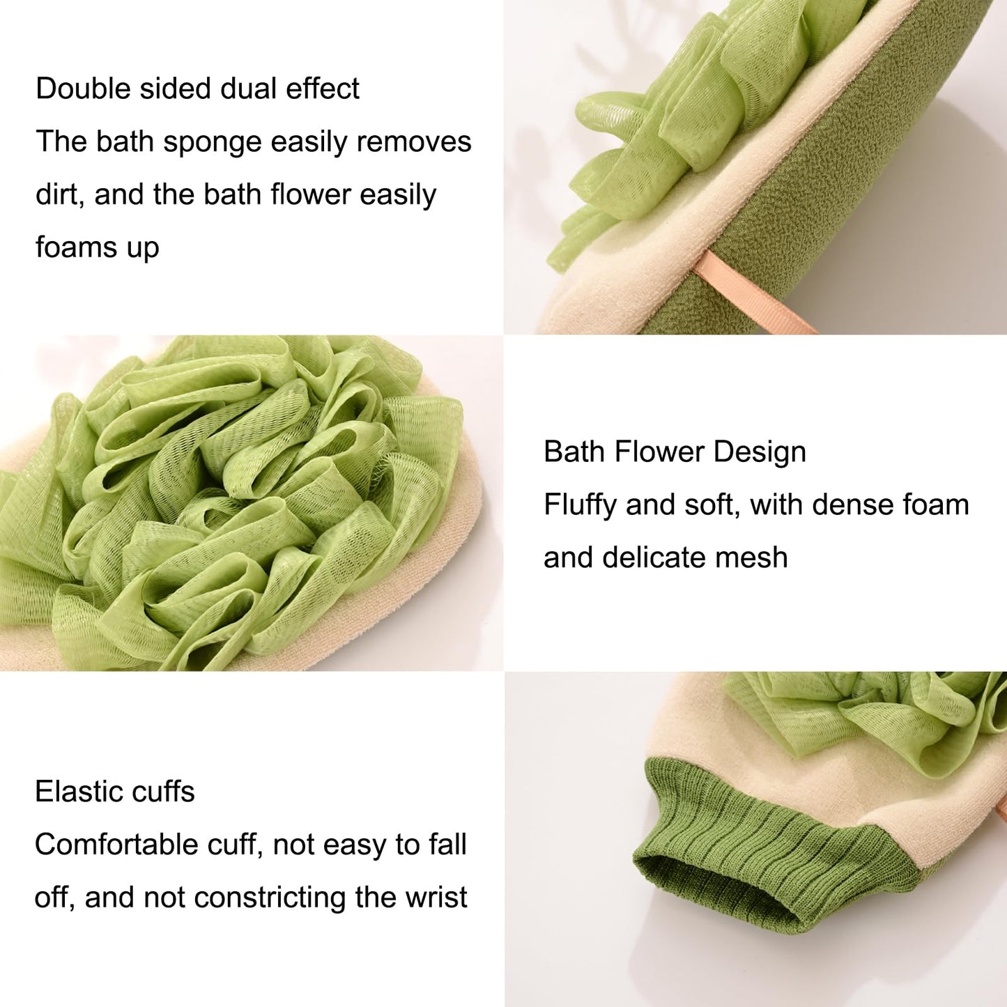 GOMKLNMO 2 Pack Shower Sponge Exfoliating Gloves, 2 in 1 Body Wash Gloves, Scrub Gloves with Shower Ball (Green)
