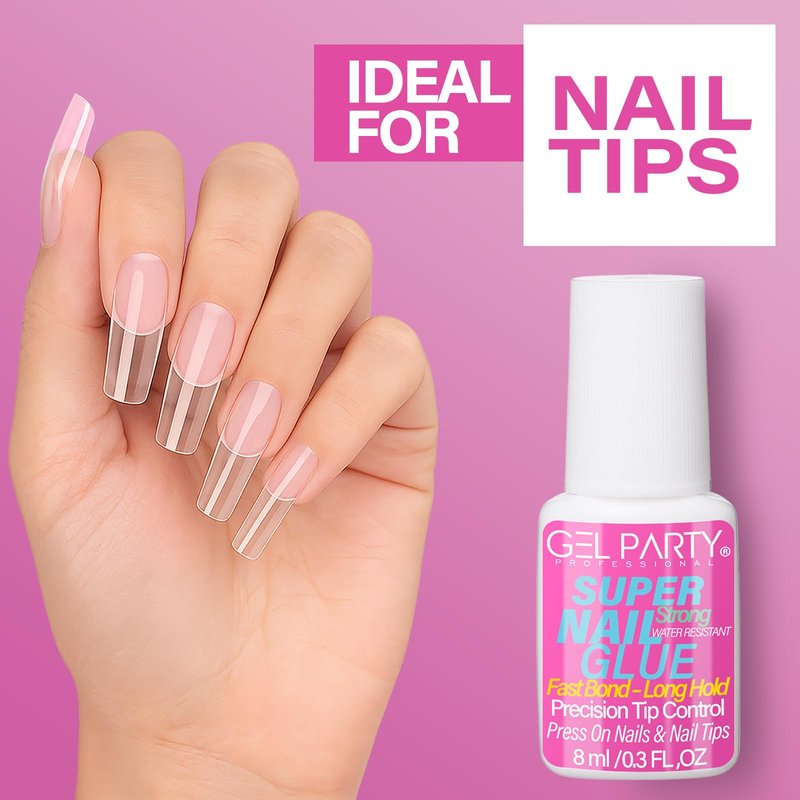 GELPARTY (8ml) Super Strong Brush On Nail Glue for Press On Nails & Tips – Quick Dry Clear Acrylic Nail Adhesive, Long Lasting Waterproof Bond for Fake Nails & Nail Art