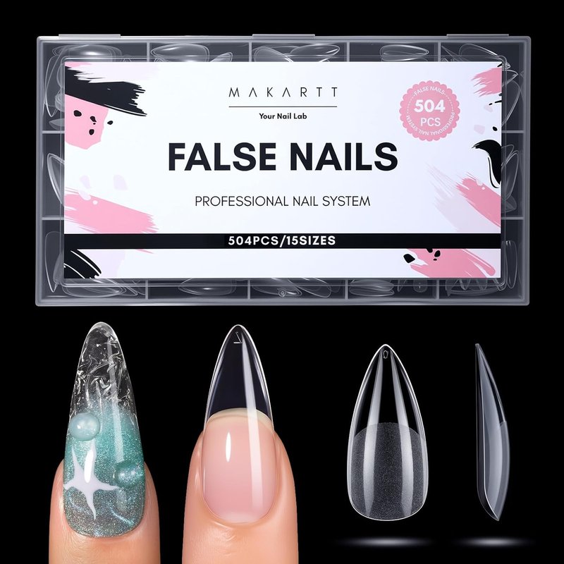 Medium Stiletto Almond Nail Tips - 504 PCS Pre-Etched Clear False Nails | 15 Sizes Full Cover Soft Acrylic Extensions