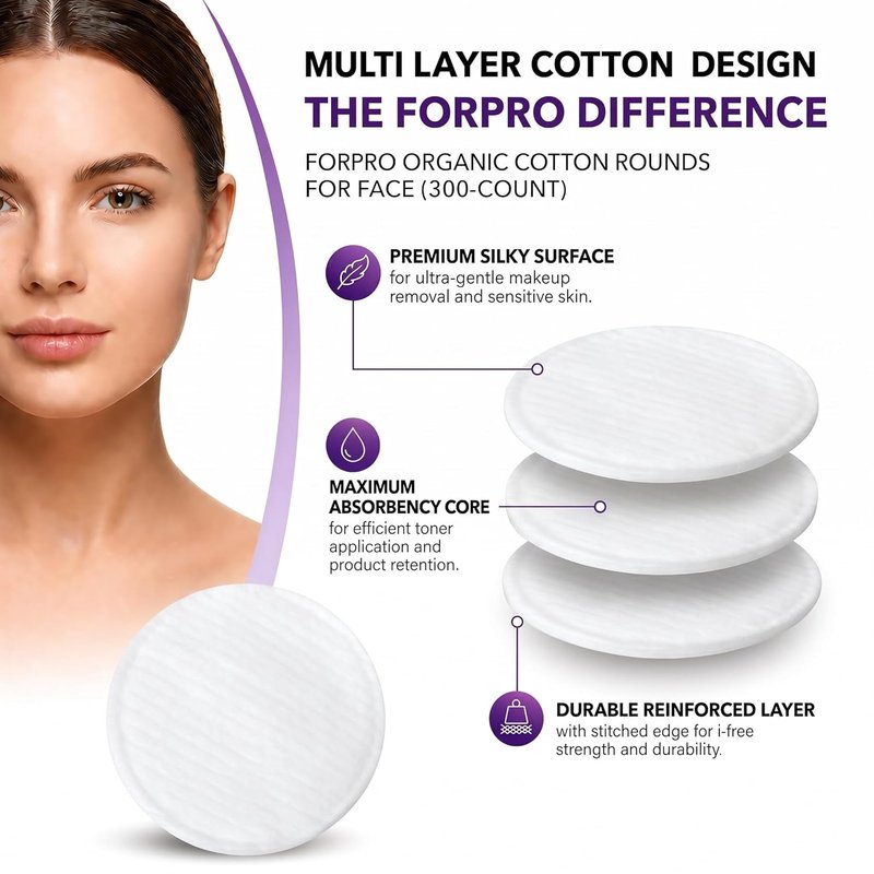 ForPro Organic Cotton Rounds - 300-Count Lint-Free Makeup Remover Pads | Hypoallergenic & Vegan Skincare