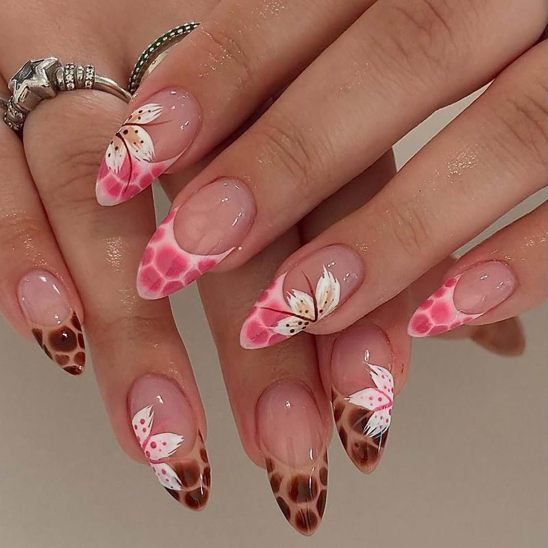 24Pcs Leopard Print French Tip Press on Nails Short Almond Fake Nails Pink Brown Full Cover Tips Glue on Nails Flower False Nails Cute Spring Stick on Nails for Women Acrylic Manicure Decorations DIY