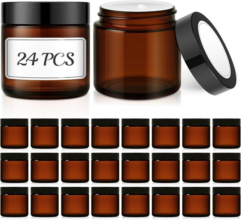 Bumobum 24 Pack Amber Glass Jars - 4 oz Cosmetic Containers with Lids & Inner Liners for Creams & Scrubs